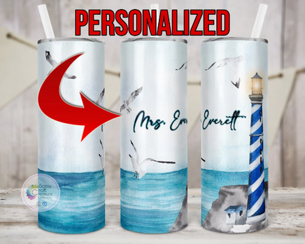 Ocean, Beach, Waves, Seagulls Lighthouse Tumbler Personalized