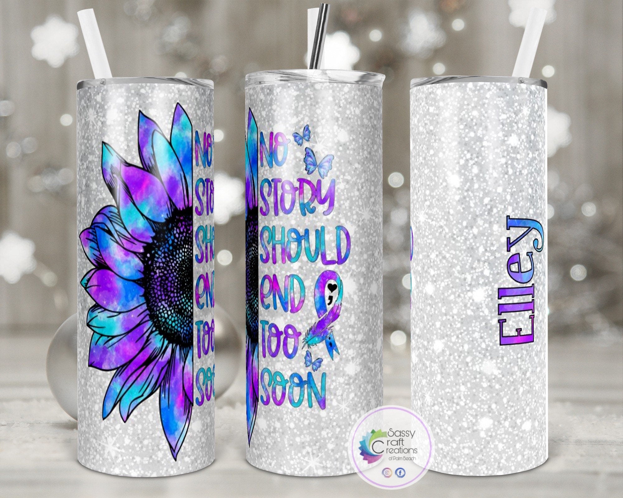 Custom Personalized Purple Glitter Tumbler With Lid And Straw