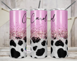 Cow Print Faux Pink Glitter Tumbler | Personalized!