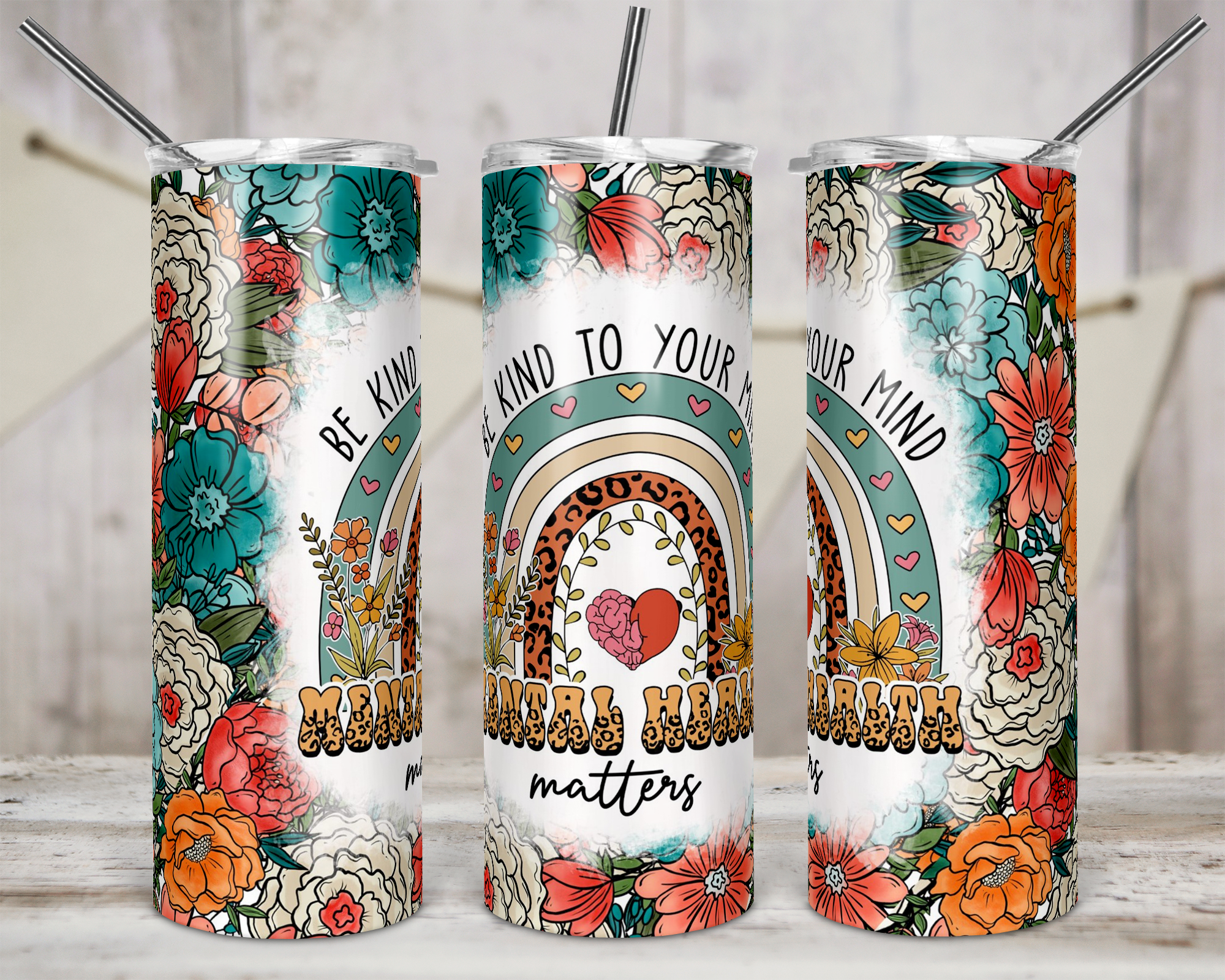 Be Kind to Your Mind, Mental Health Matters Tumbler, 20 Oz With Lid and  Plastic Straw, Rainbow Mental Health Cup, Boho Aesthetic Tumbler 